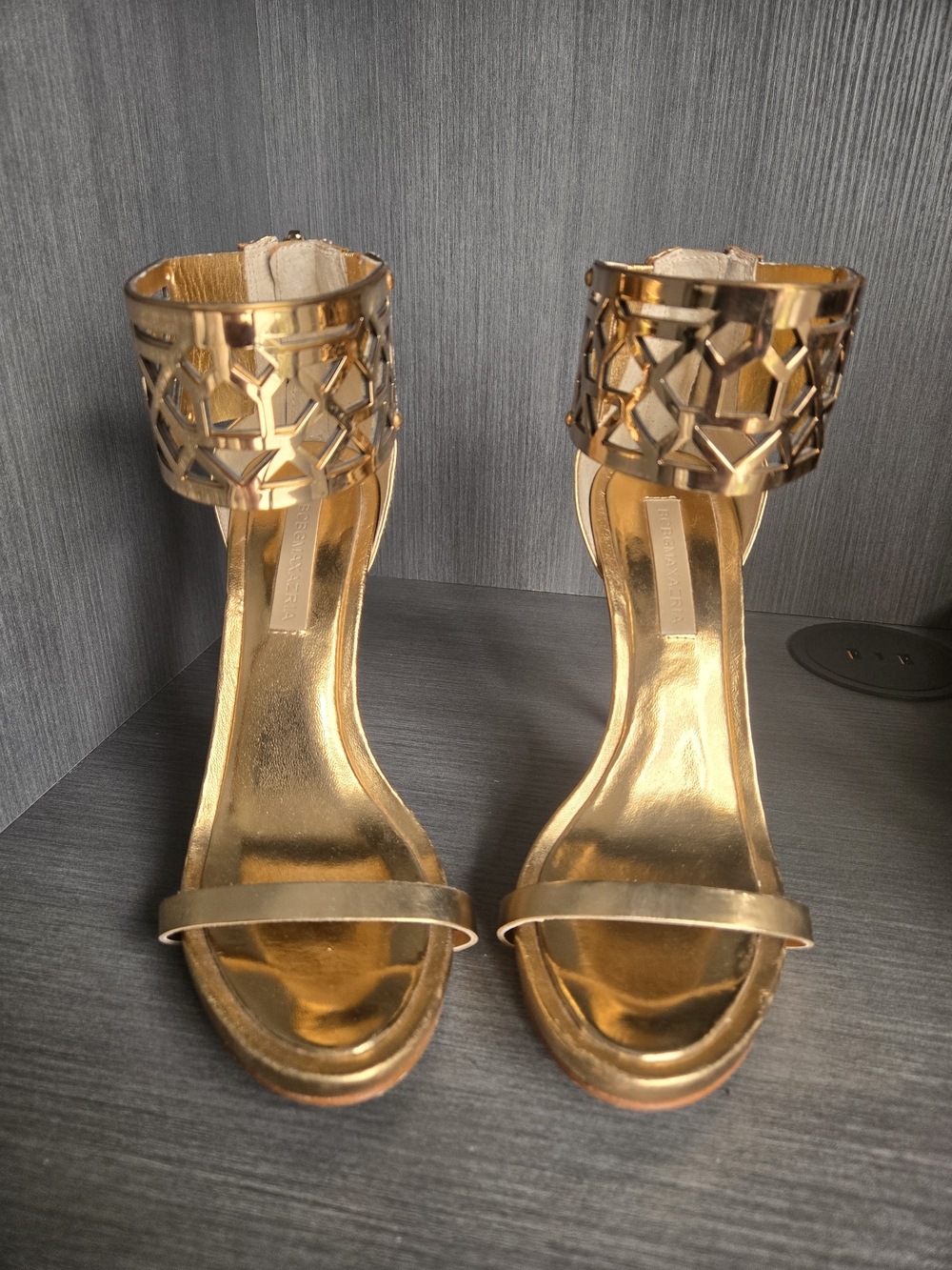 BCBGMaxAzria Metallic Gold Geometric Ankle-Cuff Heels